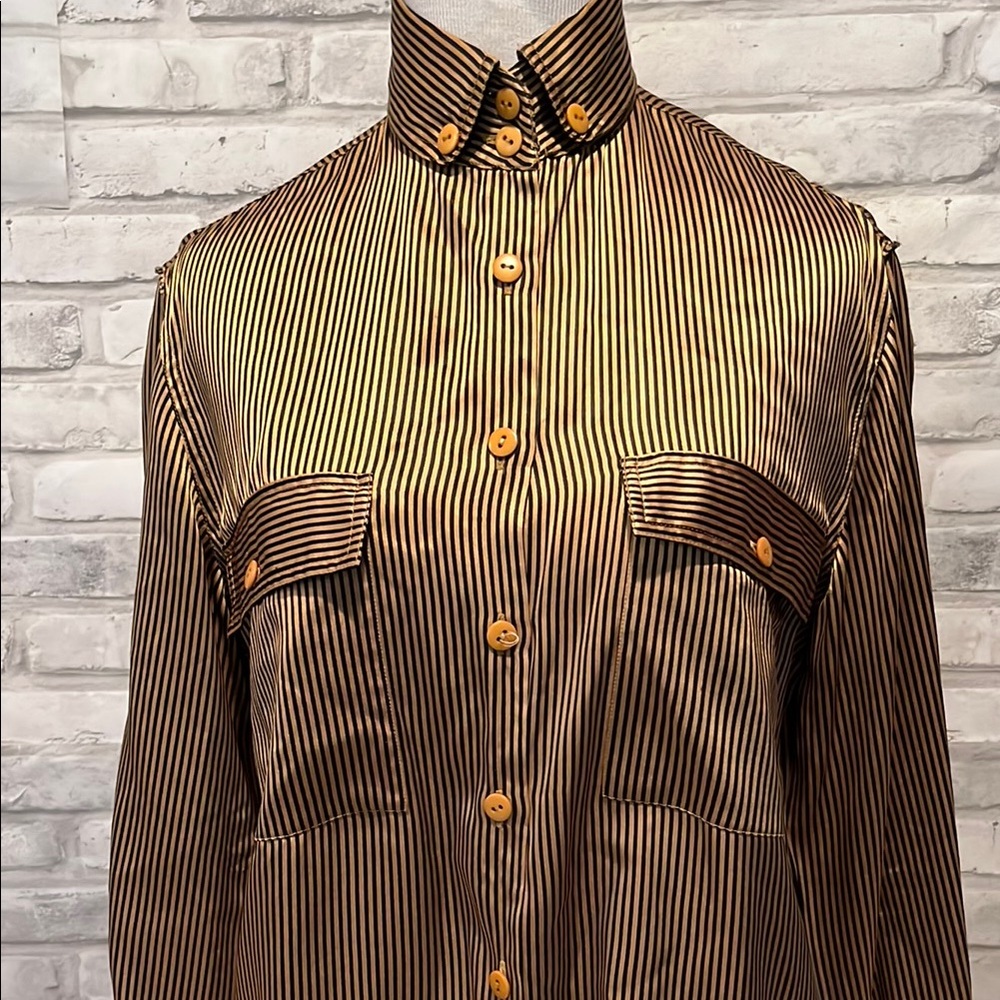 Black Gold Striped Button-Up Shirt small 100% silk long sleeve top